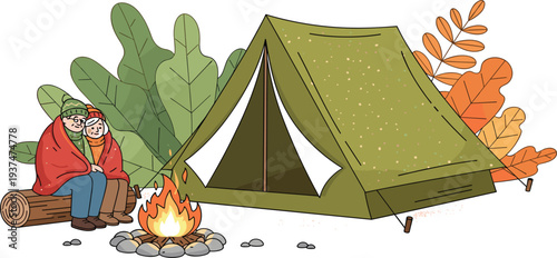 Elderly Couple Relaxing by a Campfire Near a Green Tent in the Forest Representing Retirement Lifestyle Outdoor Adventure and Nature Tourism Activities