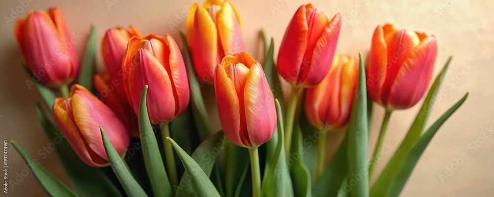 Obraz premium Bouquet of vibrant pink and orange tulips. Fresh spring flowers with green leaves on textured paper background. Floral detail, nature and garden beauty.
