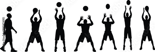 Basketball player silhouettes set, jumping catching ball poses, training action sequence, sport movement concept, black silhouette isolated vector illustration