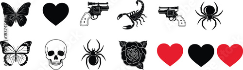 Butterfly heart skull spider scorpion revolver icons set tattoo style symbols cad drawing flat vector illustration collection