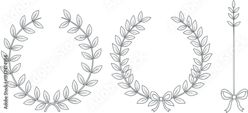 Elegant Laurel Wreath and Floral Branch Set with Hand Drawn Botanical Leaves and Ribbon Bow for Logo Badge Emblem and Wedding Design