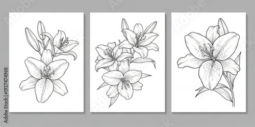 Elegant Lily Flower Line Art Set with Botanical Floral Outline Illustrations for Coloring Pages, Tattoos, Wedding Designs and Modern Wall Art