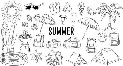 Summer Vacation and Outdoor Camping Icon Set Featuring Tents Backpacks Barbecue Pool Beach Umbrellas Sun and Cad Drawing Flat Vector Illustration