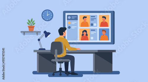 A 2d vector illustration of a man participating in a blue-toned online hybrid work meeting from his remote home office.