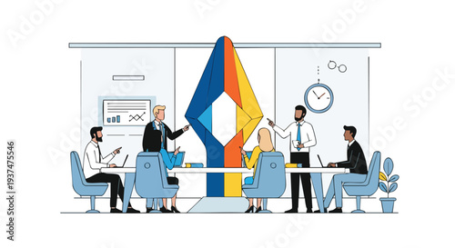 Collaborative corporate team executing a high-level strategic roadmap for cross-functional business growth and digital transformation in a modern office.