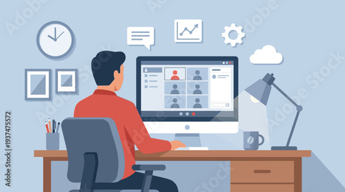 2d vector of a man on an online meeting in his remote home office, embodying hybrid work challenges.