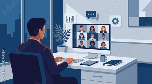 Blue 2d vector of a man doing hybrid work, on a remote online meeting with diverse colleagues.