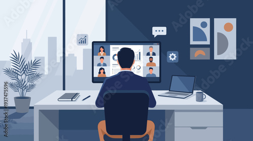 A man attends a remote online meeting with colleagues in a blue-toned 2d vector illustration of hybrid work.