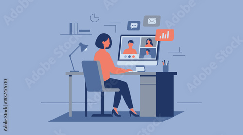 Blue 2d vector illustration of a woman in a remote home office, engaged in an online hybrid work meeting.