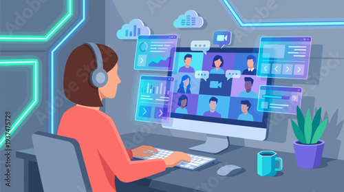 2d vector of a woman in a modern home office, engaging in a remote online hybrid work meeting with data screens.