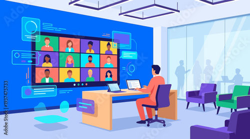 2d vector: man in blue office attends online meeting with diverse remote team, depicting hybrid work.