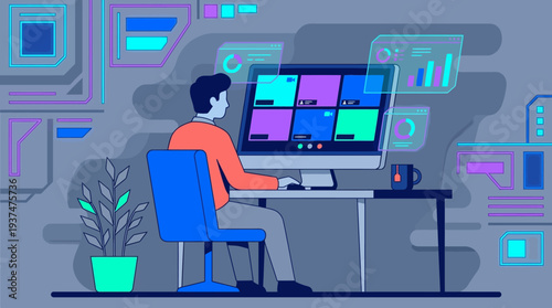 2d vector illustration of a man in a blue-toned digital workspace, engaged in an online video meeting, representing hybrid remote work.