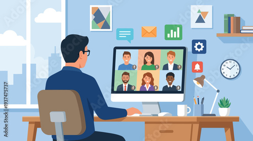 A 2d vector illustration of a man in a home office, participating in a blue-themed online meeting for hybrid work.