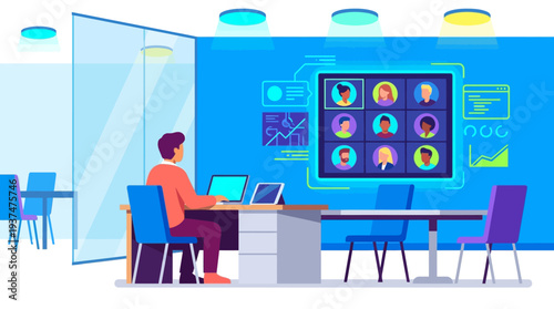 A 2d vector illustration depicting a person engaged in a blue-toned online meeting within a modern hybrid office environment.