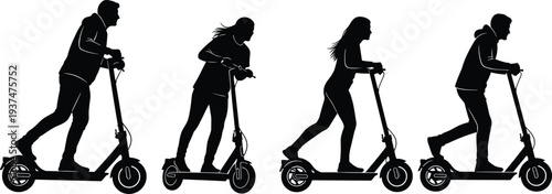 electric scooter riders silhouette vector set, people commuting on e scooter, urban eco transport concept, modern city mobility illustration