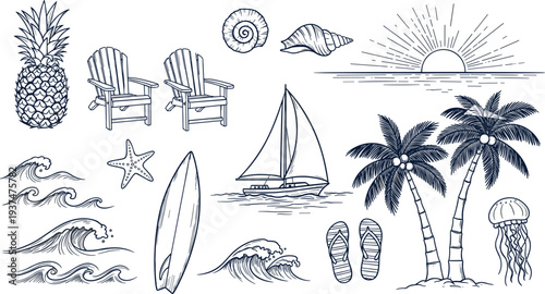 Summer Vacation Beach Icon Set Featuring Palm Trees Tropical Leaves Sunglasses Beach Chair Umbrella Seashells and Cad Drawing Flat Vector Illustration