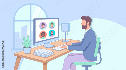 A professional man attends a hybrid work online meeting on his desktop computer in a calm, light blue 2d vector home office.