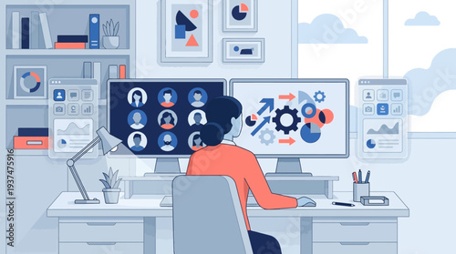 2d vector illustration of a person working remotely, participating in an online meeting from a modern home office with multiple screens, illustrating hybrid work.