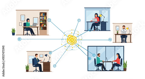 Modern decentralized enterprise utilizing a central AI hub to synchronize global remote teams and boost productivity