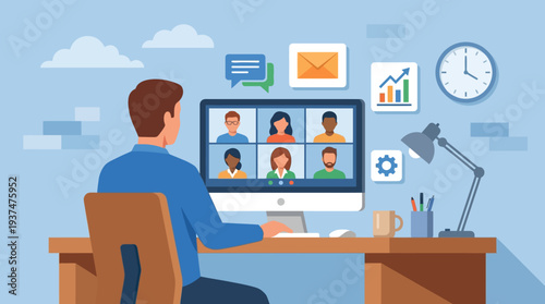 A 2d vector illustration shows a man on a blue background participating in a remote online meeting for hybrid work.
