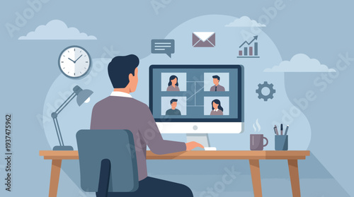 2d vector of a man in an online meeting on his computer, depicting hybrid remote work in a blue setting.