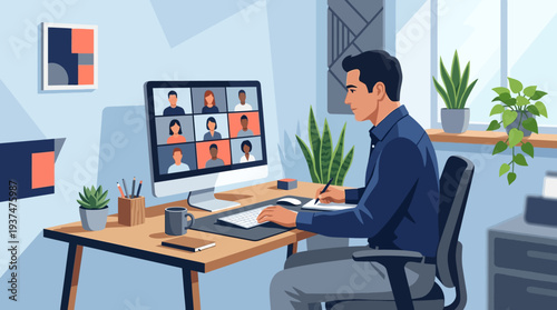 A 2d vector of a man working remotely, participating in an online meeting from his modern home office.