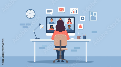 Calm blue 2d vector of a woman at her remote desk, attending an online meeting, for hybrid work.