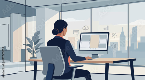 2d vector of a professional woman on an online meeting in a modern office with a city view, depicting hybrid work.