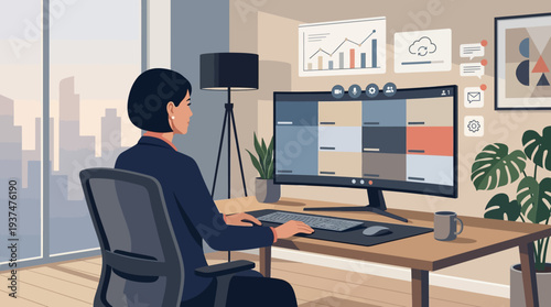 2d vector illustration of a professional woman in a modern hybrid office, engaged in an online meeting with a city view, depicting remote work.