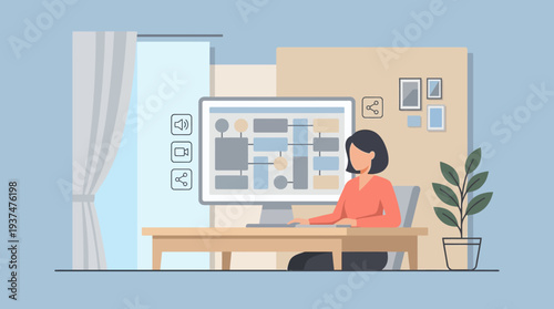Calm 2d vector of a woman at her home office desk, remotely collaborating in an online meeting for hybrid work.