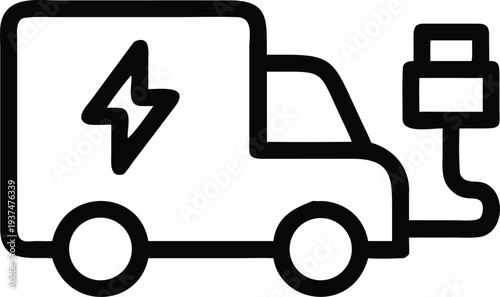 Sustainable electric cargo van receiving power at a charging station with a lightning bolt