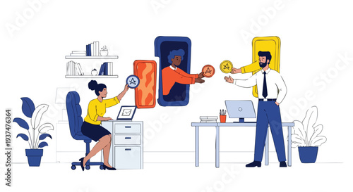 Collaborative Fintech Team Exchanging Digital Tokens and Remote Rewards to Empower Modern B2B Corporate Growth