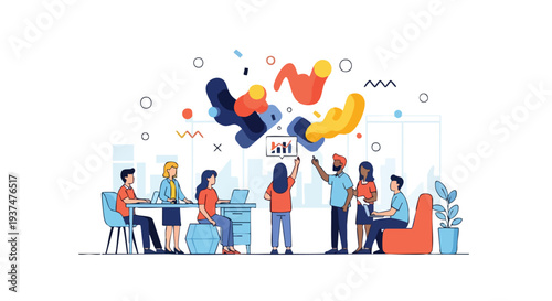 Diverse creative agency team collaborating on data-driven marketing strategy and innovative brand solutions in a modern workspace