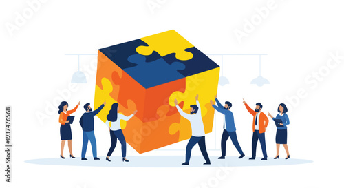 Cross-functional corporate team assembling a complex 3D puzzle cube representing strategic business alignment and holistic marketing solutions