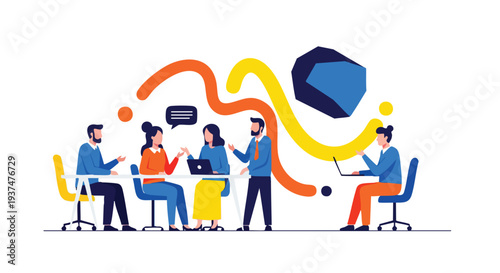 Diverse creative agency team brainstorming innovative B2B marketing strategies and digital solutions in a modern collaborative workspace illustration
