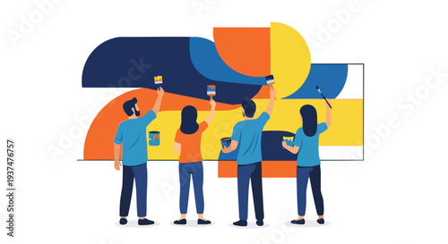 Diverse creative team collaborating on a vibrant brand identity mural to visualize innovative corporate strategy and collaborative workspace culture.
