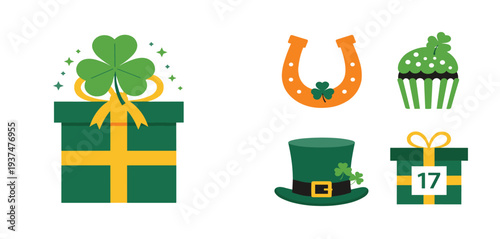 St. Patrick's Day Icons Featuring Gift Box, Horseshoe, Cupcake, Green Hat, and Clover for Festive Holiday Celebrations