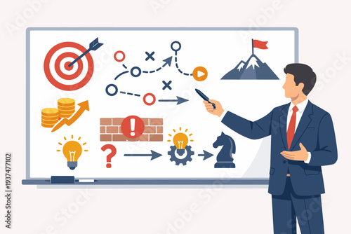 Businessman in suit presenting strategic business planning on whiteboard with icons for target, financial growth, roadmap, mountain peak goal, problem solving, creative ideas, and chess tactics.