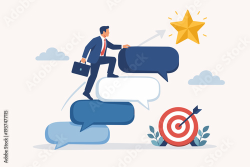 Professional businessman climbing speech bubble stairs to reach a gold star, symbolizing effective communication, career advancement, achieving goals, business strategy, and successful dialogue.