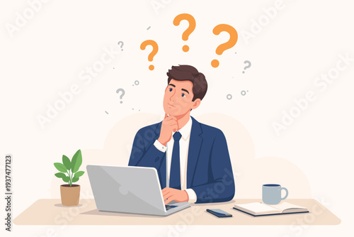 Thoughtful Businessman in a Blue Suit at a Desk with a Laptop, Looking Up with Question Marks, Contemplating a Problem, Seeking Answers, and Making a Decision in a Modern Office with a Plant and