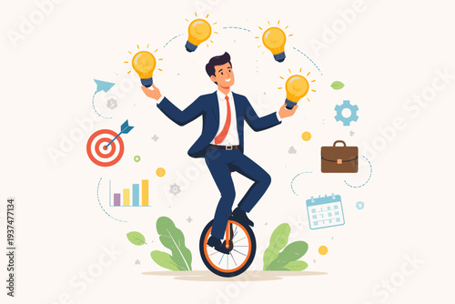 Skillful Businessman Riding Unicycle and Juggling Glowing Light Bulbs for Innovation, Creativity, and Business Success. Multitasking Professional Balancing Work Tasks and New Ideas Concept.