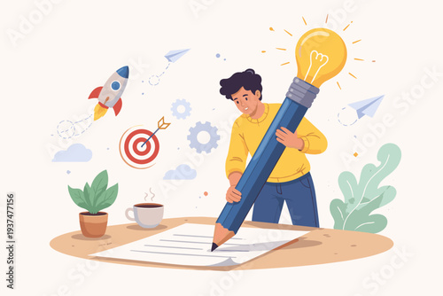 Creative Copywriter or Blogger with Giant Pencil and Lightbulb Idea for Writing Inspiration, Imagination for Success in Work, Startup Launch with Rocket, Target Goal and Business Strategy Concept