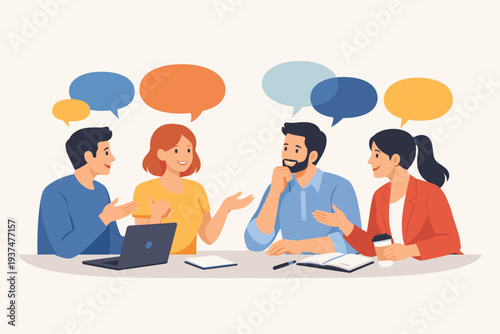 Diverse business team sitting at a table having a productive discussion and brainstorming session with colorful speech bubbles representing ideas and communication in a modern office workspace.