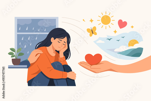 Sad woman suffering from depression and anxiety receiving empathy and compassion from a supportive hand, transitioning from grief to hope and positive emotions, mental health care illustration.