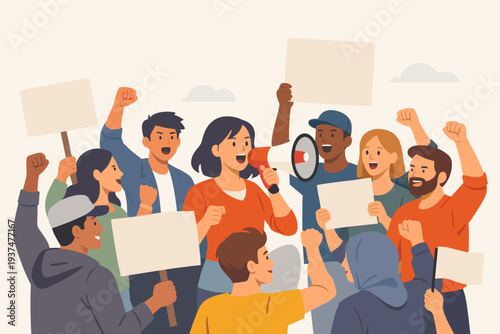 Diverse group of people protesting and demonstrating for their rights with blank signs and a megaphone. Activists shouting and raising fists in a social gathering for change, justice, and equality.