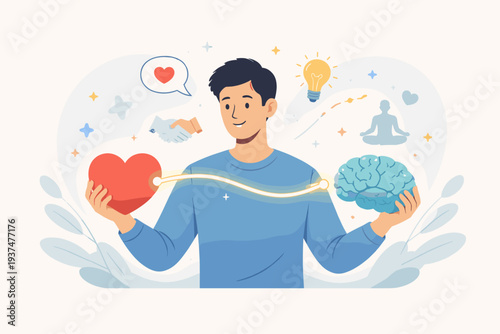 Emotional Intelligence Concept Illustration with Man Balancing Heart and Brain for Logical Thinking and Empathy, Mental Health Awareness, Mindfulness, Psychology, and Social Skills Development.
