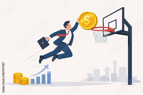Ambitious businessman jumping to dunk a gold dollar coin into a basketball hoop, symbolizing financial achievement, investment success, career growth, wealth management, and reaching goals.