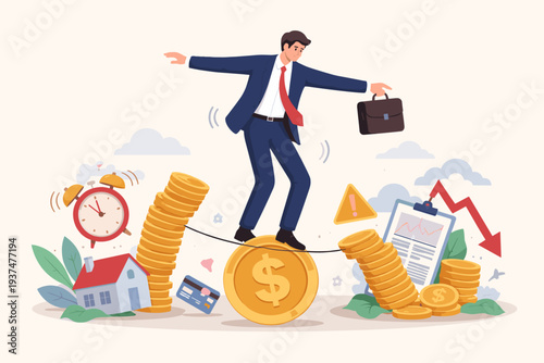 Businessman Balancing on Tightrope Over Financial Risk Symbols with Stacks of Gold Coins, Alarm Clock, House, and Falling Market Arrow, Concept of Economic Stability, Investment Debt and Banking.