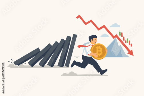 Businessman running away from falling dominoes while holding a large Bitcoin coin, symbolizing a cryptocurrency market crash, stop loss strategy, financial crisis, and risk management in trading.