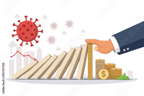 Businessman hand stopping falling dominoes to prevent economic collapse and financial crisis caused by COVID-19 coronavirus pandemic, protecting wealth and market stability from global recession.